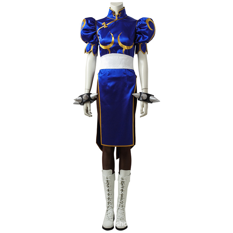 Party Games You Can Play - Chun Li Cosplay-Kostüm Komplettset Blaues Kampf-Outfit